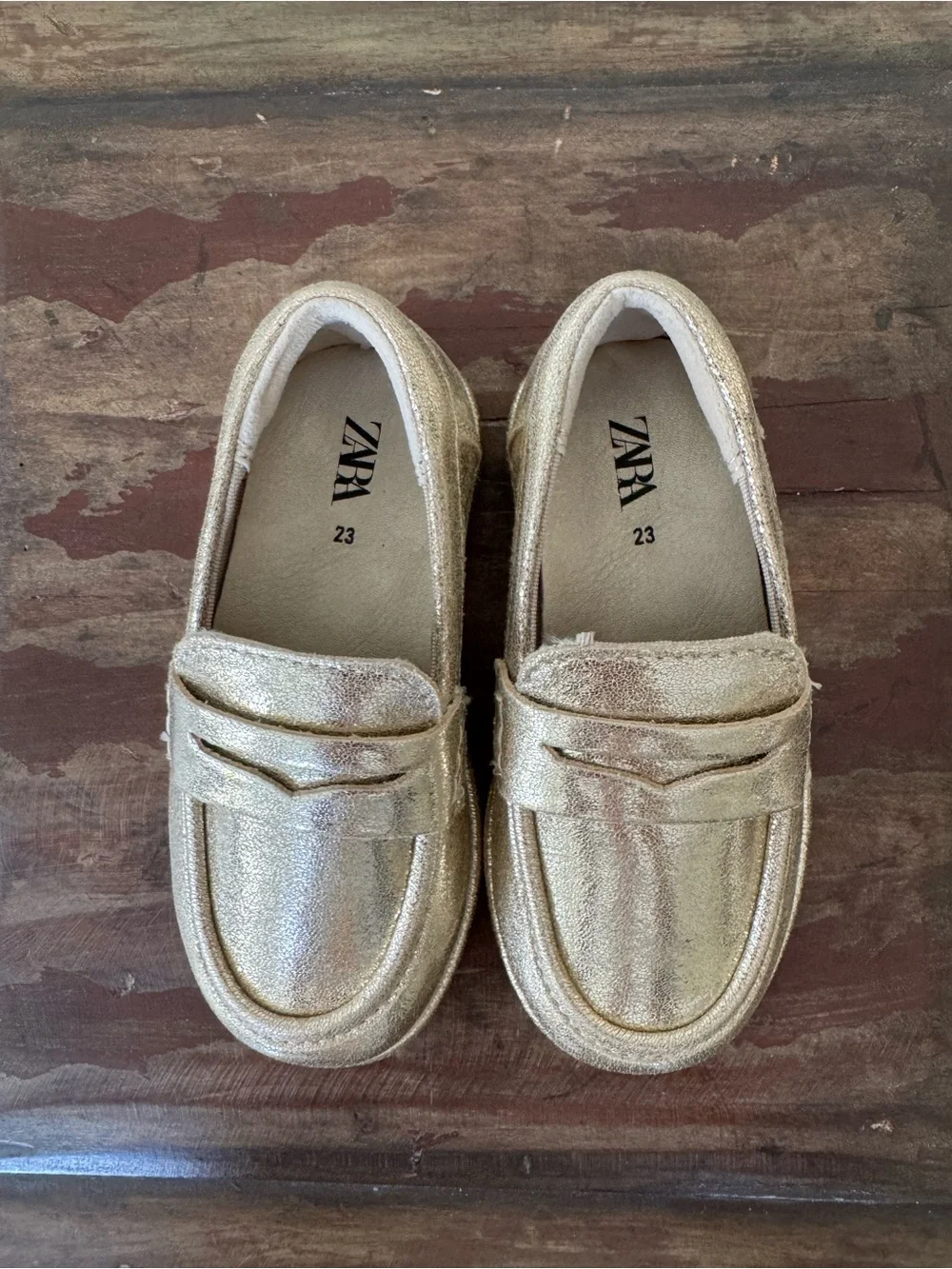 ZARA gold metallic shiny faux leather loafers slip-on shoes toddler girls size 7